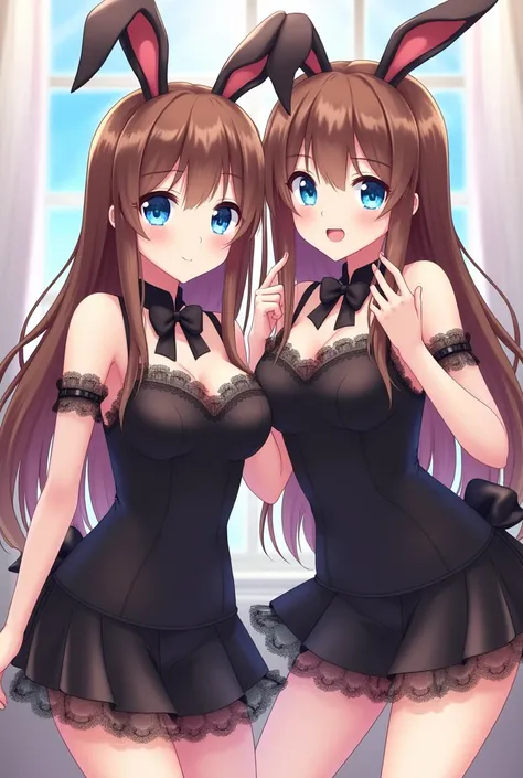 One 2 anime girl with long brown hair and blue eyes wearing a black bunny girl outfit