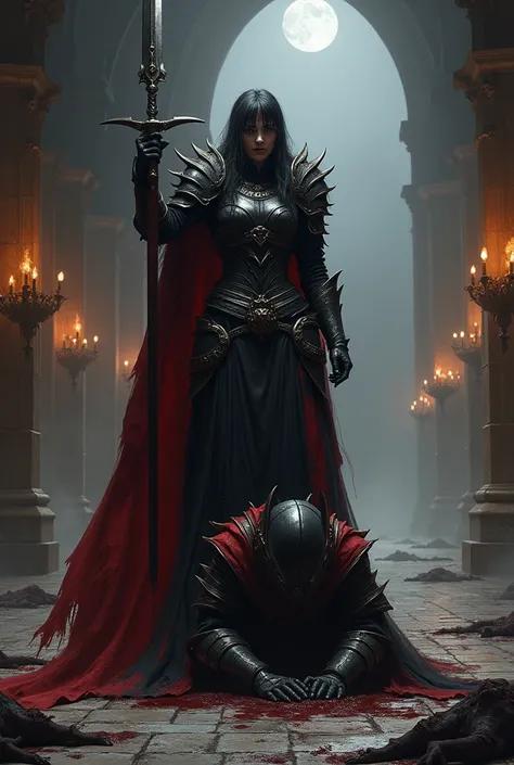 A dark and intense visual depiction of Lady Althea Voss, clad in the Obsidian Guards armor, defeating Kael Valaran in a dark fantasy setting. The scene takes place in a dimly lit palace chamber, with flickering torchlight casting long shadows across the st...