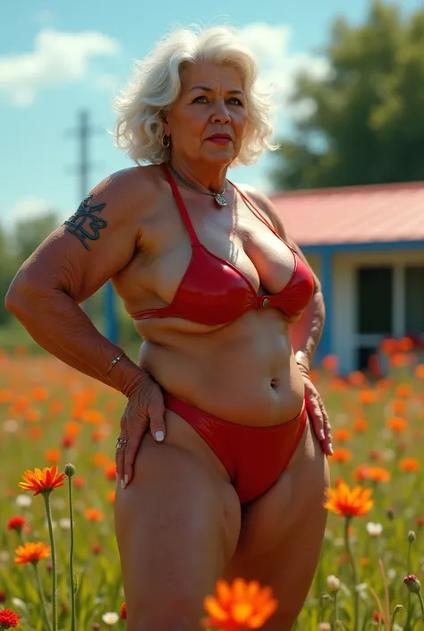 elderly 85yo woman , in a meadow full of flowers in front of the doctors office, dressed as a latex nurse, shiny latex bikiny, horny smile,huge shaggy breast, full nude figure, muscle figure, red octane render, figure lit from the front from my point of vi...