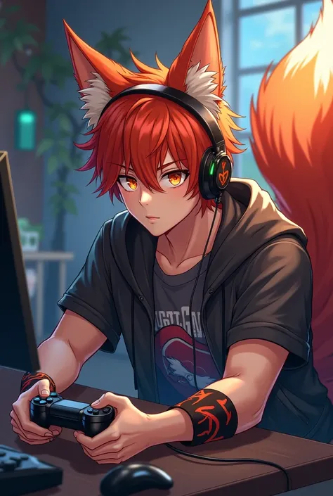 Create an anime character that is an adult male with a red fox tail and ears who likes video games 