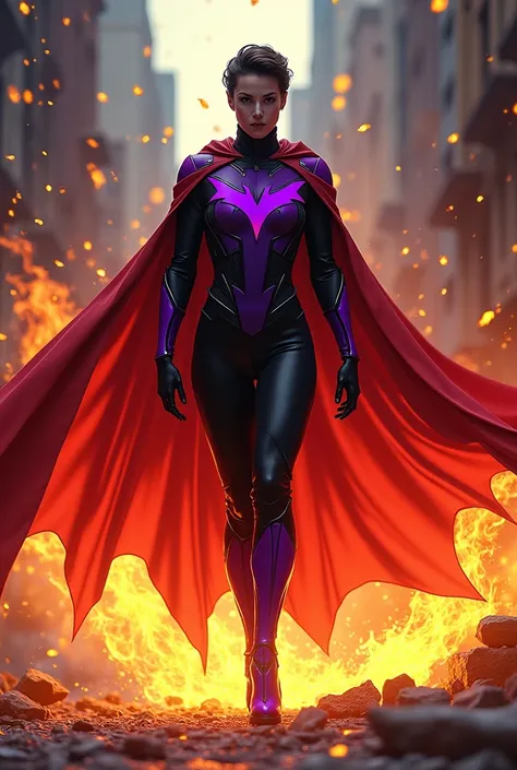 Create a hero with fire powers, purple uniform with black details and a red cape, with the traits of the character Nightwing 