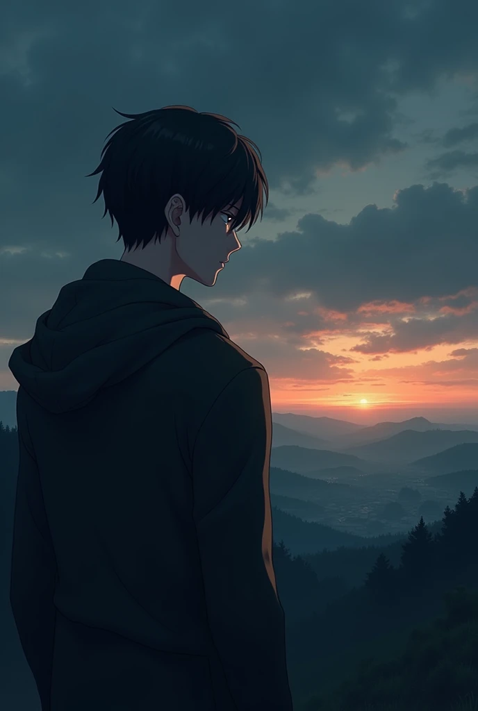 A sad and deep image of someone looking at the horizon remembering the woman he loved. The character that is a male anime version, that only part of the head is seen but not the face. The landscape should be in 3D and have a dark or gray tone.