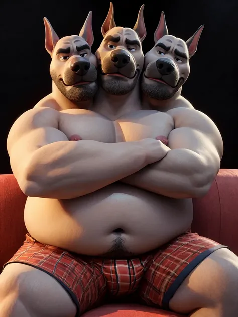 solo, great dane, twins, 60 year old male, ((arms crossed:1.3)), natural pose, sexy pose, sitting on couch, different facial expressions, tired, bored, annoyed, three identical heads attached to the same body, great dane ears, bald, stubble, beard, gray fu...