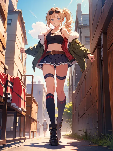 ( masterpiece), best quality, expressive eyes, perfect face, highres, moody angle, medium breast, full body, solo, Buoyant Smile, 1girl, zetadark, twintails, sunglasses, eyewear on head, fur trim, jacket, crop top, pleated skirt, thighhighs, belt, midriff,...