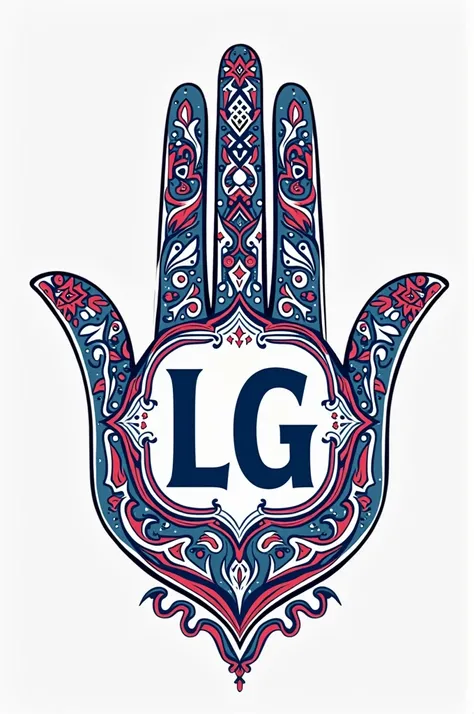 Imagine a hamsa hand, which is a figure with five fingers, often adorned with decorative details. In the center of the palm, could you include the lyrics "LG" in a style that complements the design. You can opt for an elegant or stylish font for the letter...