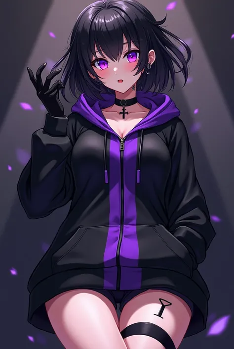 Anime boy big hair falling in the black eye,purples eyes, feminine appearance,black cross earrings, Piercing in the corner of the lip, black choker,black and purple hooded sweatshirt with belly showing, long black gloves,black shorts with a purple stripe o...