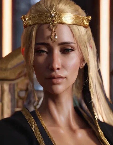 Thicc mommy blonde queen Marika of elden ring one sided hair covering one eye, with stripped black robes and gold hip chain ,Best quality, Ultra detailed, Blender 3d, UNREAL ENGINE 5.4 