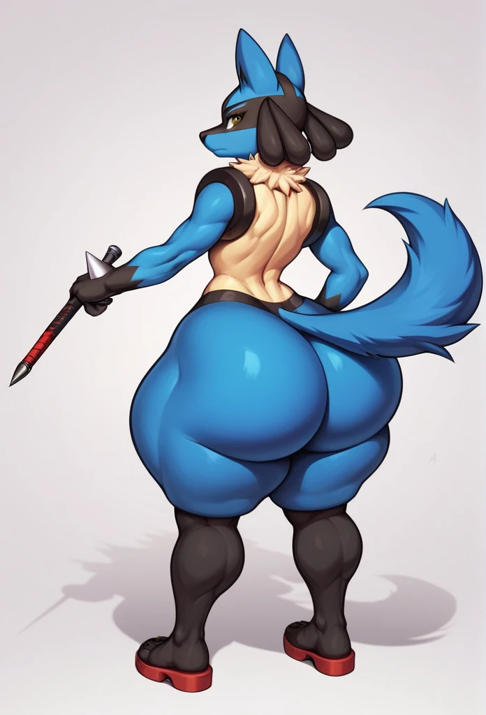 Lucario from Pokemon anime, Pokemon,fur art,Humanity,Wolf Year,Brown eyes,Warrior, masterpiece, Big Ass, Hyper Fluffy Ass,Fur Huge Ass, Big Hips, Huge hips, Hyper Hip, Big ass,  Hair between the eyes, short hair, fox tail, tail, Mid-chest, Yellow Eyes, Ass...