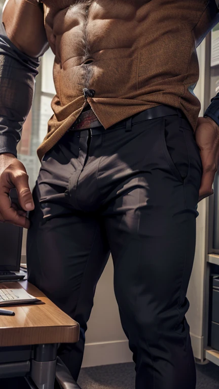 Front open Office suit and showing hairy chest close up focus indian perfect wetty big hairy monster wetty bulge in pant, wetty spot on pant, masterpiece