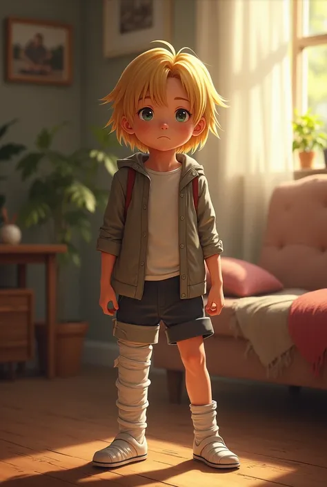 Blond boy with long plaster cast on his leg,