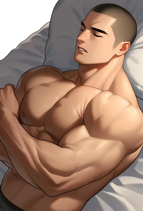 1boy, male focus, naked, sidepec, muscular male, muscular, bara, defined abs, upper body, solo, sleeping in bed, head on the pil...