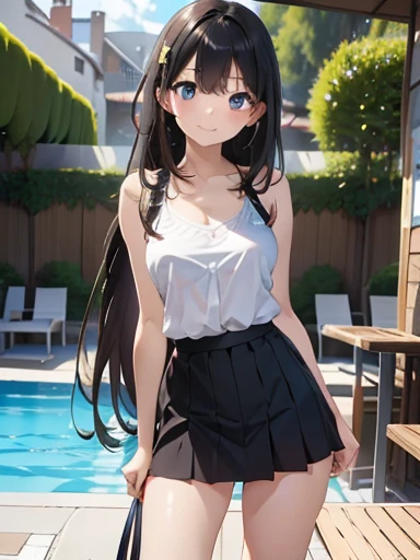 masterpiece, High resolution, High resolution, High resolution, Girl, cute, adorable, smiling, straight hair, long hair, black hair, standing, Swayback stance, looking at the camera, From the front, from thighs to head, pool, daylight,Skirt-style-bikini