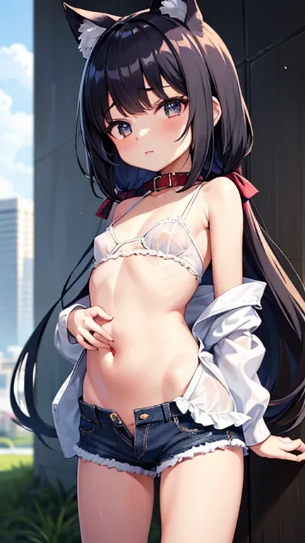 (masterpiece), Highest quality, One Girl,  girl, Body type is 4.5-body proportions for children, pretty girl, Flat Chest, Black Hair, Very long hair, She is looking towards the viewer, She is wearing a bright red leather collar., Reins extend from the coll...