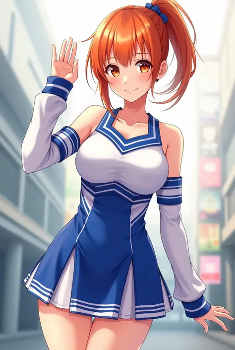 A beautiful and erotic busty Japanese anime girl resembling Hiyori from Princess Connect Re:Dive. Her G cup bust is bouncing while she’s cheering up in a cheerleading costume with white and blue  gladation. Her hair is short straight vivid orange and hairs...