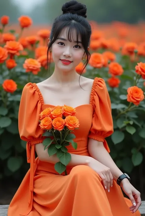 a beautiful Indonesian woman, smooth white skin, well-groomed face,top bun hair, Korean style with bangs, ,wearing a closed chest dress, orange knee length,left and right sleeves with beautiful ribbons,balloon sleeve model ,holding a bouquet of orange rose...