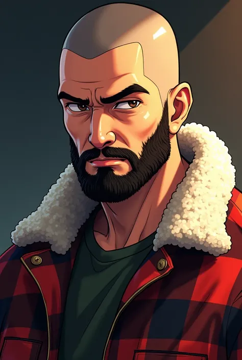 Hombre high, shaved hair, Checkered lumberjack jacket with sheepskin, high, anime, short beard