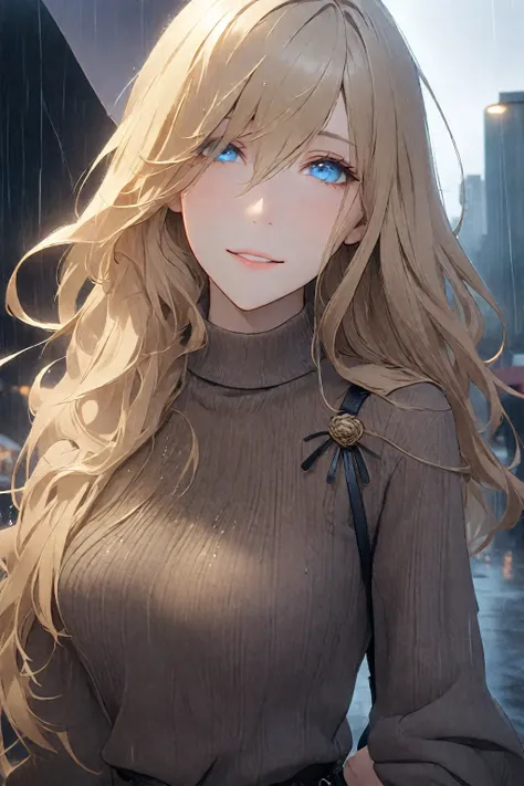  Long Hair, (blue eyes:1.3), Golden Hair, Hair between the eyes, smile,Mannish Fashion,
Long coat, Skinny pants, jewelry,Transparent black brown sweater, (Light brown sweater:1.2),
break  downtown,rain,
break looking at viewer, (Cowboy Shot),
break (master...