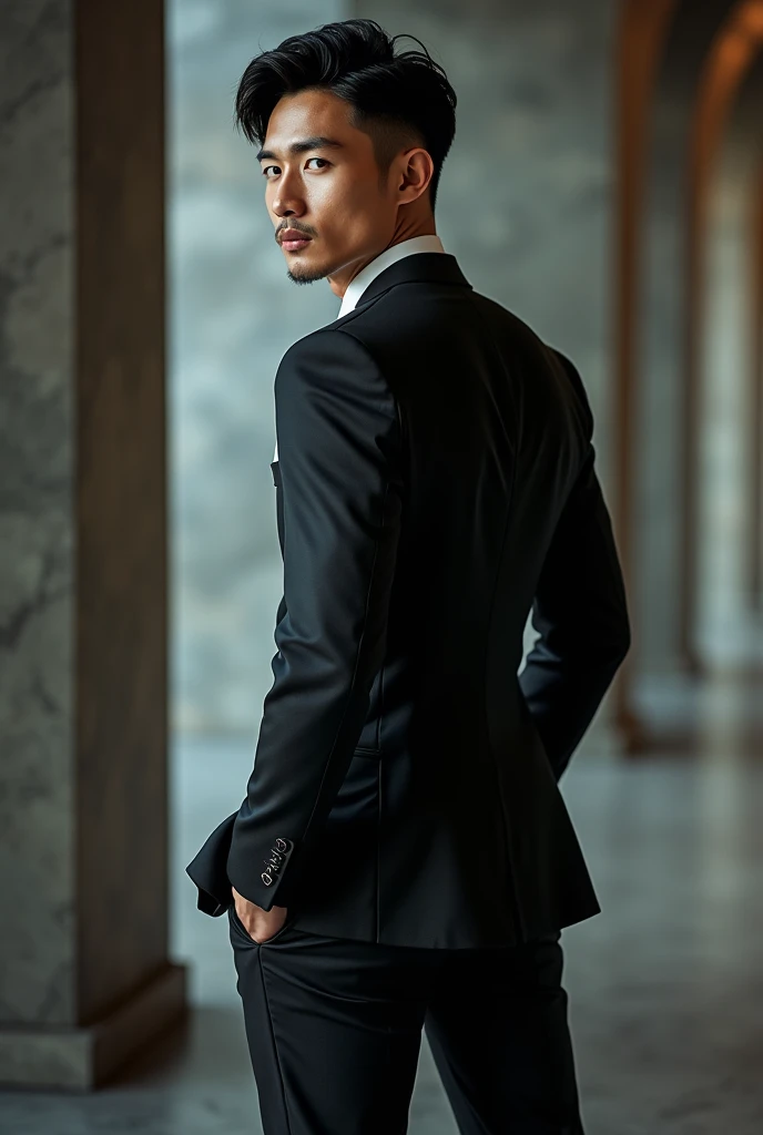 Attractive Asian man, wearing a tight suit, showing his ass