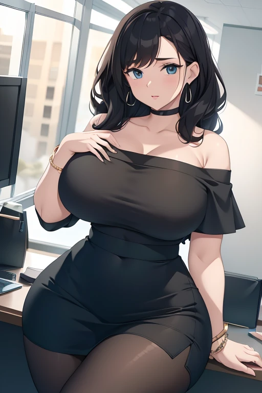 (best quality), (masterpiece), 1 girl, early 20s, huge heavy breasts, perky breasts, thick, thick lips, wide hips, thin waist, Long hair, Curly Hair, Earrings, Office Lady, Off Shoulder Blouse, High Waist Black Skirt, Pantyhose, bracelets, office