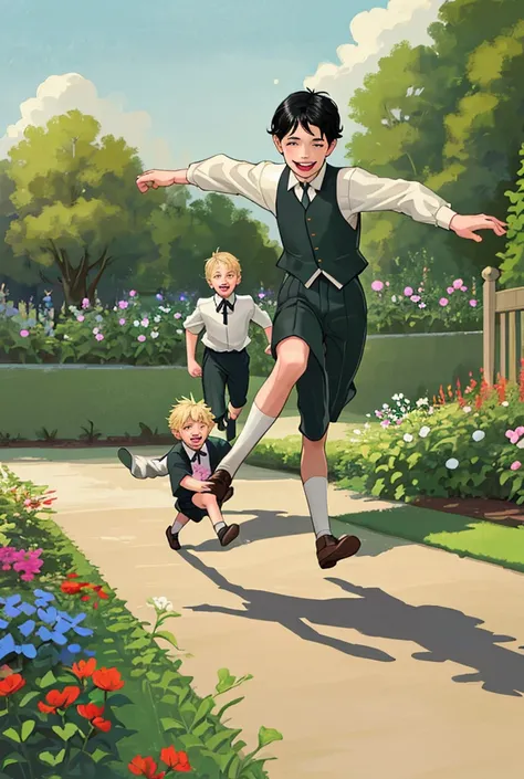 two children, boys, running in the garden in thirties clothes, playing and smiling, black hair, blond hair