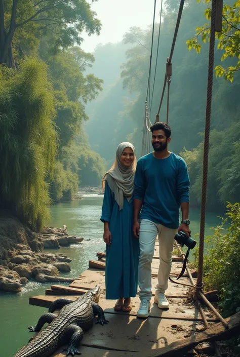 A 3 husband and wife, wearing couple clothes, the girl wearing a hijab shawl, while the man looks 
 black hair, blue cotton tunic shirt top, while the man wears a blue T-shirt, wears white tight jeans, while the man wears cargo pants, wears white sports sh...