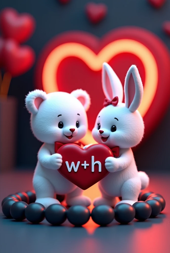 A 3D render of a white teddy bear and a white bunny rabbit wearing a red bow holding a red heart ""W + H" written on it in Capital alphabets, are standing in a black beaded bracelet. The bracelet is sitting on a dark red and blue surface with a neon red he...