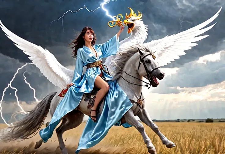 A cute sorcerer (cute woman, sexy airy silken robe with bright symbols) is riding on the back of a fierce griffin, she is tossing lightning as the griffin flies low over the battlefield
