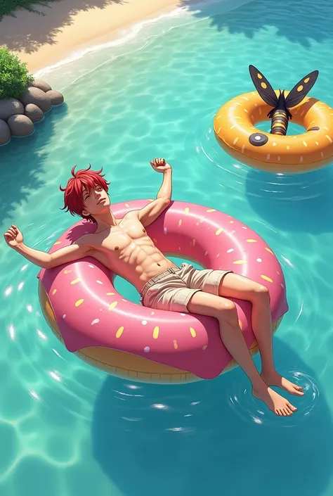 Anime boy with red hair and dark skin, early 20s and a pool floaty with dragonflies all around him, the dragonflies will be in their own pool floaty. The pool floaty should be donut shaped. In the background its the beach. All of them are in the water. You...