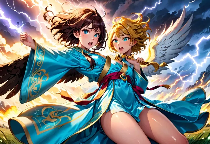 A cute sorcerer (cute woman, sexy airy silken robe with bright symbols) is riding on the back of a fierce griffin, she is tossing lightning as the griffin flies low over the battlefield
