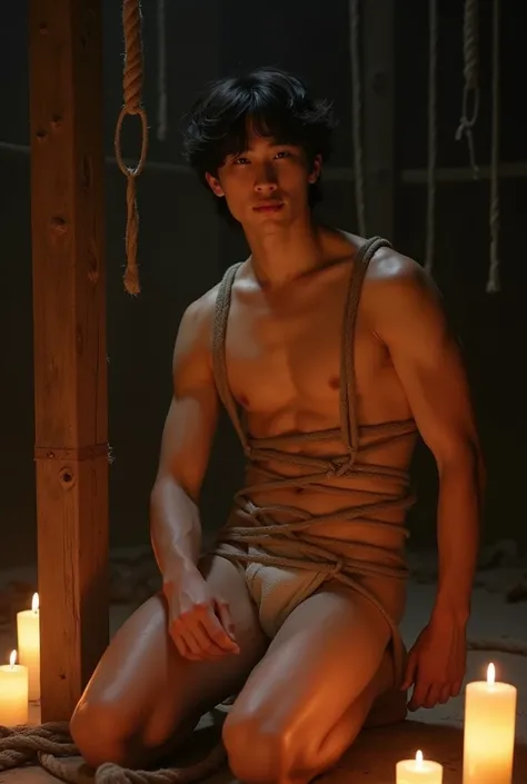 (((muscular,completely naked))), (((young, slim, muscular, fit, boy))), (((ripped sixpack))), (((naked, big dick))), (((sperm, Eejaculation))), ((((Trussed up completely with rope)))), ((((ropes trussed across chest)))), (((body trussed up in tight fitting...