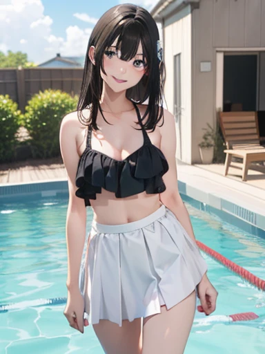 masterpiece, High resolution, High resolution, High resolution, Girl, cute, adorable, smiling, straight hair, long hair, black hair, standing, Swayback stance, looking at the camera, From the front, from thighs to head, pool, daylight,Skirt-style-bikini