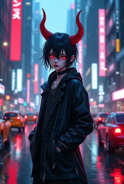 Devil anime boy in city with neon with traffic with assistant