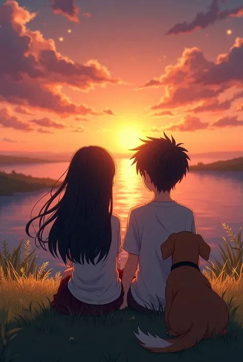 Of friends, a black-haired girl and a boy, both watching a sunset, sitting, and a brown stray dog
