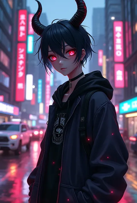 Devil anime boy in city with neon with traffic with assistant