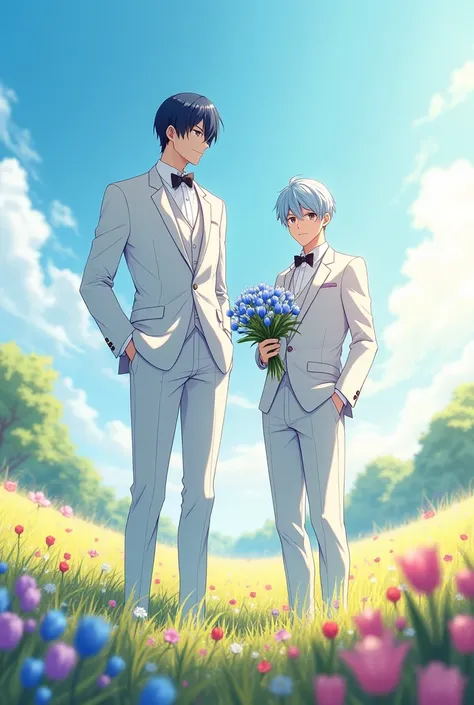 Create an anime-like image with two men dressed in white suits, on a hill full of flowers, the tallest man who has navy blue hair down to his ears and the other light blue hair and who has a bouquet of blue tulips 