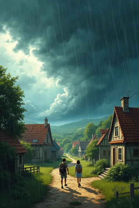 "Illustrate a small village during a severe storm, with strong winds and heavy rain. Show two friends, one helping villagers to a safe place while the other is protecting crops and property. The scene is intense but hopeful."