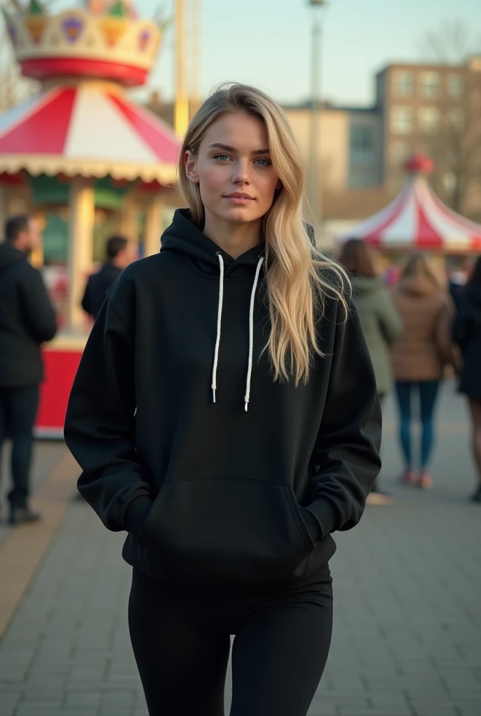 cinematographic scene of a beautiful adult blonde girl with a black hoodie and a black jogger in an amusement park very realistic 4k image