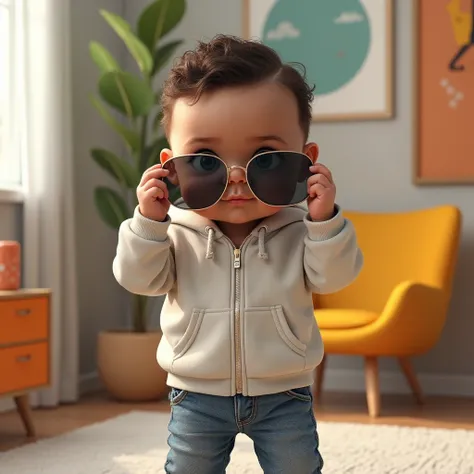 サングラスを外しているイケイケ赤ちゃん: "Draw a lifelike, realistic image of a baby wearing trendy sunglasses, caught in the act of removing them with a cool, confident expression. The baby is dressed in a stylish hoodie and jeans, and the background is a modern nursery with...