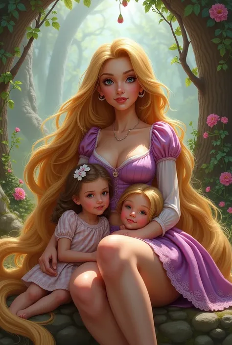 Rapunzel in a mini skirt and thick thighs, She sat with 2 children hugging her 