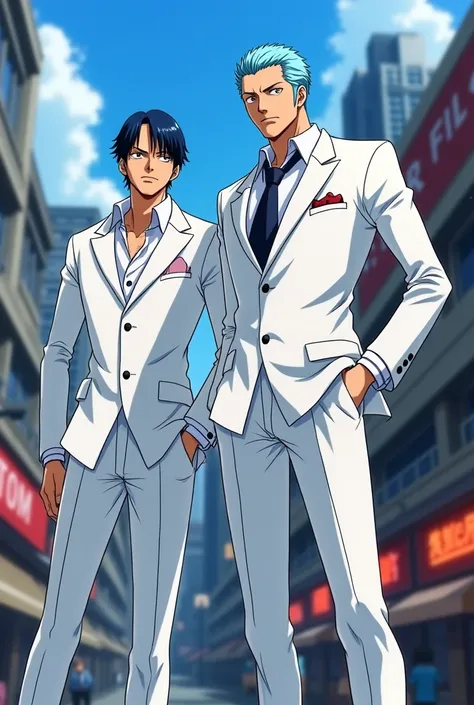 Create an anime one piece type image, with two men dressed in white suits, the tallest man who has navy blue hair down to his ears and the other light blue hair 