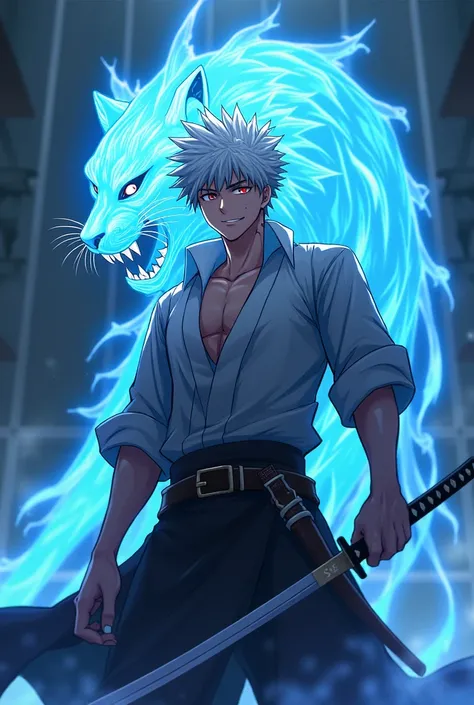 high resolution, make anime villain, why your power is an aura around your body, like a panther-shaped blanket that makes a blue energy come out of its mouth, white hair and red eyes, several scars and a Japanese katana in his hand, masculine, adolescent