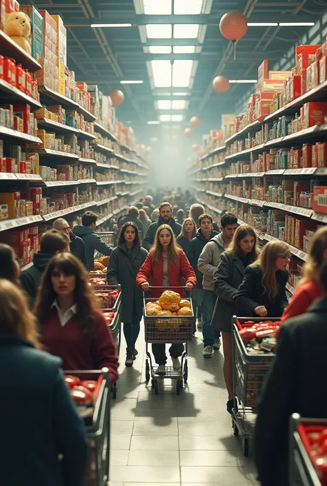 scenario: A store full of products.
texto: "after, These products are distributed to stores where we consume, we consume, we consume..."
imageio: People shopping frantically, full shopping carts.