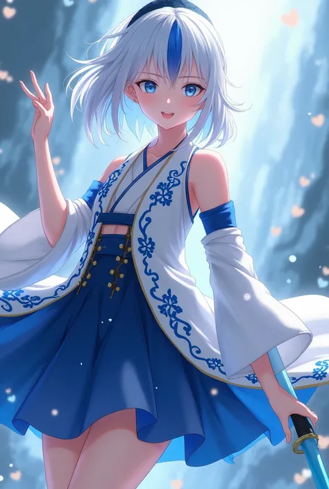 A kny character with white hair with dark blue highlights, blue eyes and white skin with a light blue katana and a white haori with blue details and a costume consisting of a long skirt open on the sides 