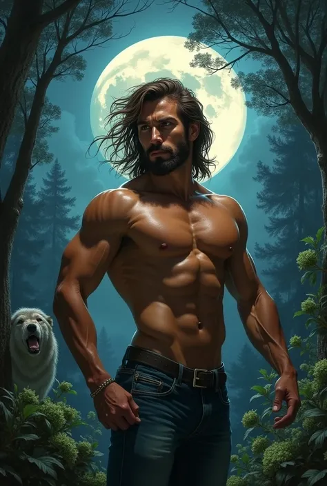 Full-body image, 8k, a masterpiece, the most detailed, highest  quality, the perfect look. very realistic oil, Create adjustment, naughty man, suntanned, muscle, bouncing, Kale, gray wolf, (long hair:1.3), tenebrosa theme, dense forest, fullmoon, natta, te...