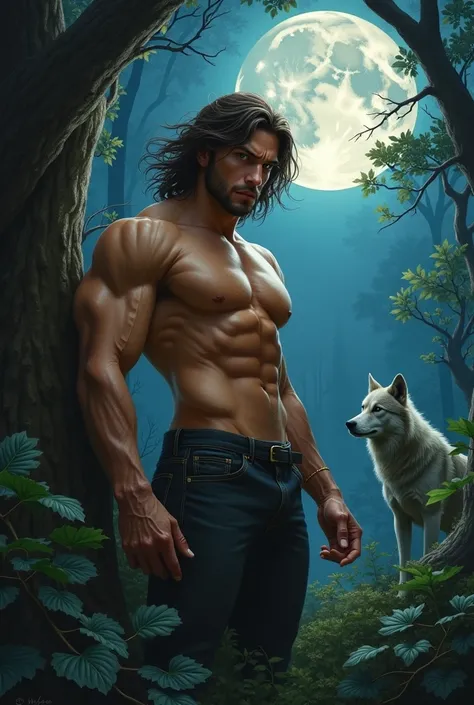 Full-body image, 8k, a masterpiece, the most detailed, highest  quality, the perfect look. very realistic oil, Create adjustment, naughty man, suntanned, muscle, bouncing, Kale, gray wolf, (long hair:1.3), tenebrosa theme, dense forest, fullmoon, natta, te...