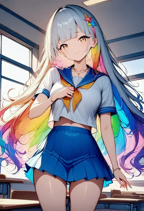 (((anime))) a woman winking,cutesy,student,short,long hair,fluffy long hair,(rainbow hair),oblique bangs,necklace,yellow eyes,bi...