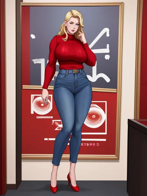 Blonde office lady in red sweater and blue jeans posing for a photo, cory chase, Full body shot, Full length portrait, Full body long shot, close up full body shot, full body shot, casually dressed, Full body photo, Full portrait, full body shot, Full body...