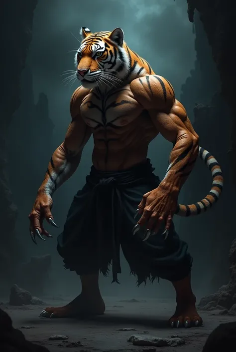 Silhouette in the shadows of a humanoid tiger training mma in the shadows