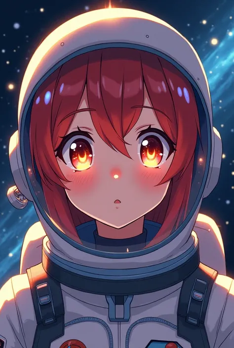 Anime astronaut girl with stars im the middle of his eyes and red haired