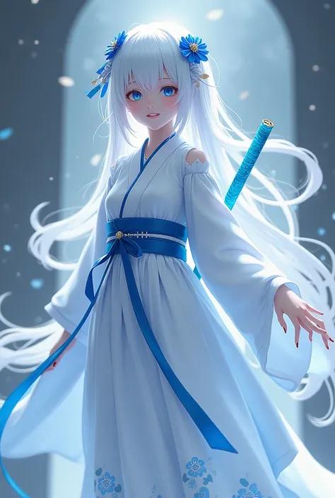 A kny character with white hair with dark blue highlights, blue eyes and white skin with a light blue katana and a white haori with blue details and a costume consisting of a long skirt open on the sides, with a not very prominent body and pretty